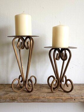 Pair of Scroll Wrought Iron Pillar Candle Holders Antique Gold Bronze 6.25"